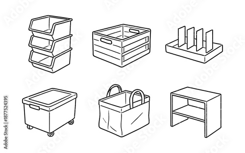 Outline icons of storage solutions: bins, crates, and organizers