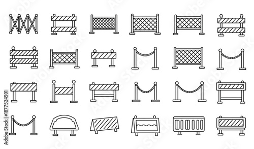 Pedestrian barrier and roadblock flat outline vector icon set isolated on transparent background