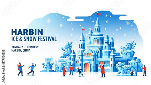 Vibrant ice castle scene with people at harbin winter festival in china snowy landscape with blue tones