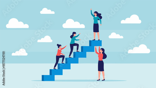 Vector illustration of women climbing stairs towards success, symbolizing teamwork and ambition