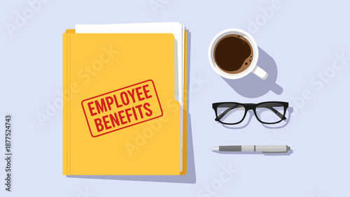 Employee Benefits Folder with Coffee and Glasses - Business Vector Illustration