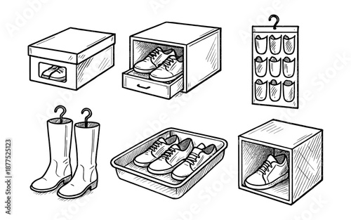 Hand drawn shoe storage solutions: boxes, shelves, and organizers