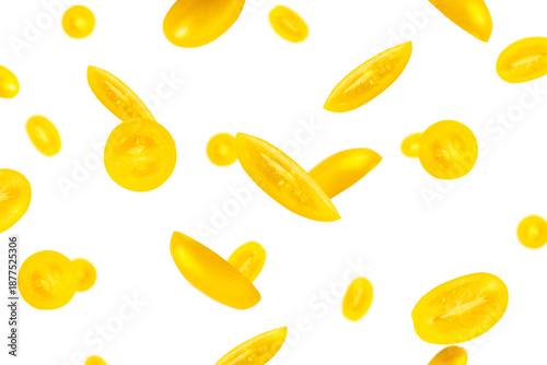Wallpaper Mural Sliced yellow tomato on a white background. Tomato variety Golden lemon or Akmore Treasure. Flying tomato. High quality photo Torontodigital.ca