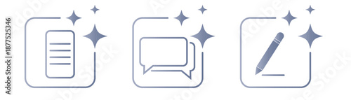 AI chat and writing icon set with document, message and pen symbols. Artificial intelligence assistant concept for text generation, content creation and communication tools in digital applications.