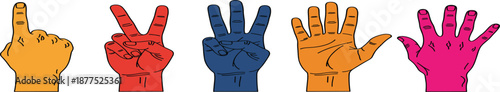 Colorful hand gesture vector set showing counting fingers from one to five in a vibrant pop art comic style for educational design.