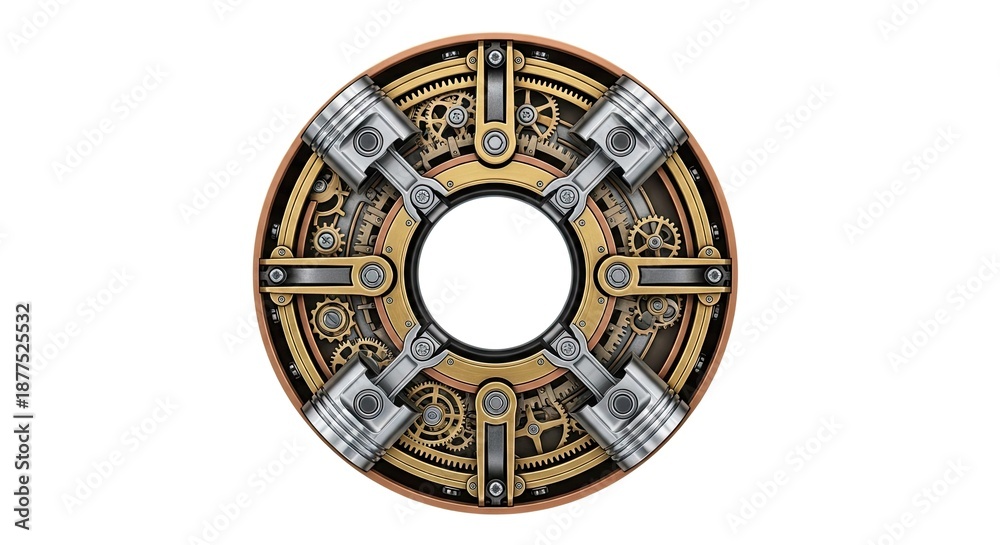 Obraz premium Steampunk-Inspired Circular Design Featuring Pistons and Gears on a White Background
