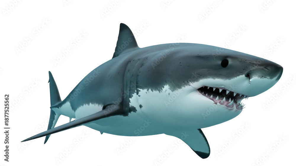 Obraz premium Isolated Great White Shark swimming predator, close-up portrait showing rows of sharp teeth