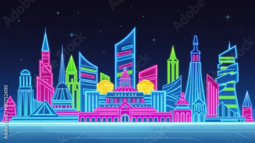 Vibrant neon cityscape at night with futuristic skyscrapers and buildings in pink blue and green hues under a starry sky