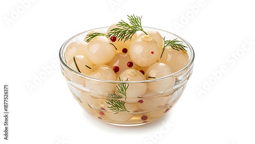 Transparent Glass Bowl Filled with Small White Pickled Onions and Peppercorns Garnished with Fresh Green Dill Sprig, Classic Vinegar Preserved Appetizer and Garnish for Professional Stock and Menus