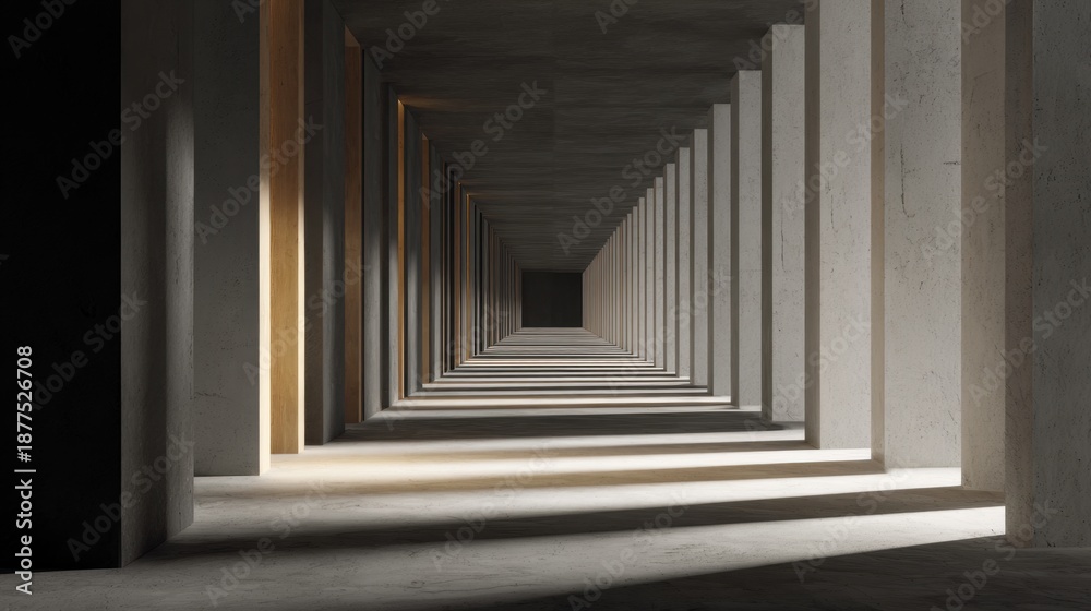 Obraz premium Infinite corridor with dramatic shadows and geometric patterns in modern architecture