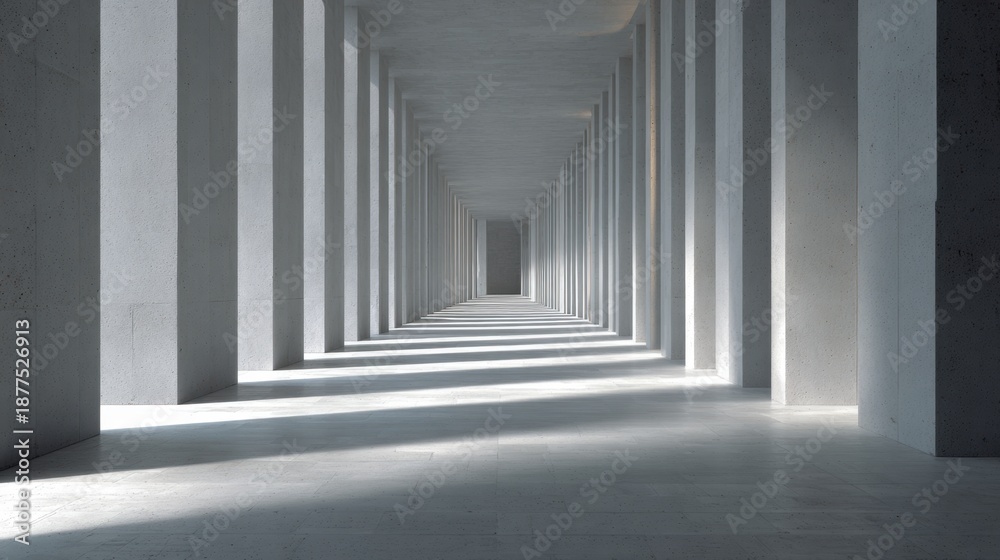 Obraz premium Modern architectural corridor with repetitive pillars and dramatic shadows