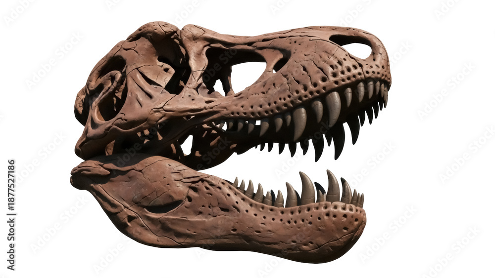 Fototapeta premium Isolated Tyrannosaurus Rex skull featuring sharp teeth, paleontological remains on display
