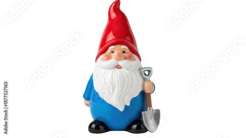 Foto Isolated garden gnome statue holding shovel for summer gardening decoration, hom
