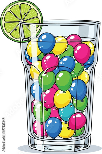 Glass filled with colorful balloons instead of liquid drink garnished with lime slice for party