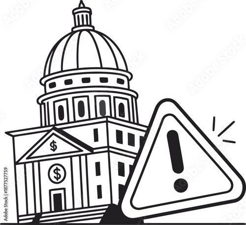 Caution in the Capitol: A sketched image of a grand building alongside a warning sign, raising concerns of financial instability within a significant establishment.