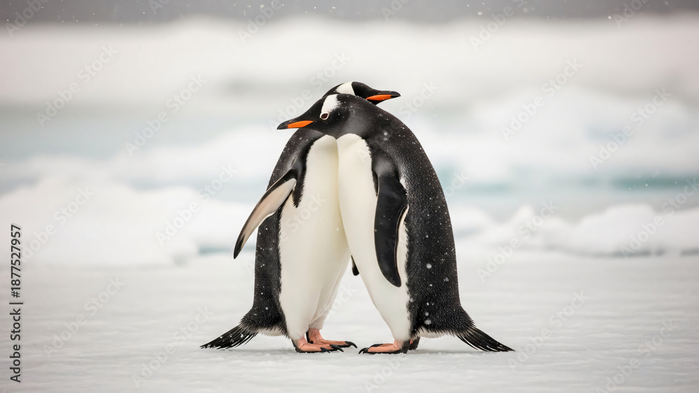 Obraz premium Two gentoo penguins huddle together on a vast expanse of snow and ice in Antarctica, showcasing a tender moment of companionship in the cold.