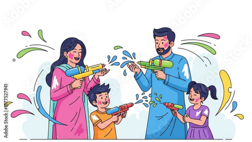 Indian Family Playing Holi with Water Guns