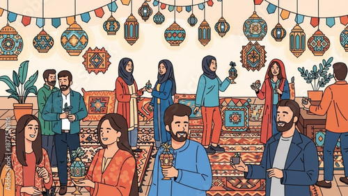 Young Adults Socializing at Colorful Indoor Party with Hanging Lanterns