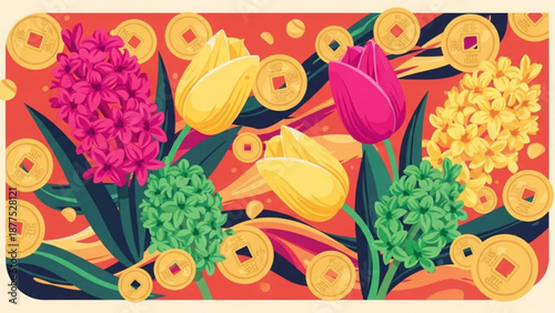 Vibrant Tulips and Hyacinths with Golden Coins