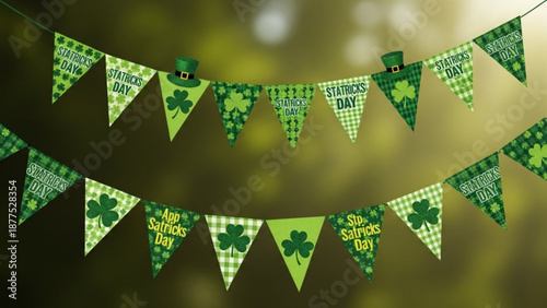 Green St. Patricks Day Flags with Shamrocks Hanging on String