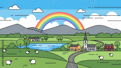 Rainbow over Village with Sheep Grazing in Green Field