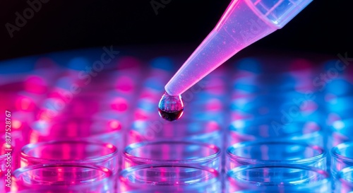 Laboratory pipette dispensing a liquid sample into a multi well plate for scientific analysis with vibrant lighting.