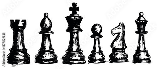 Hand drawn line art chess pieces set featuring a rook, bishop, king, pawn, knight, and queen for strategy game concepts