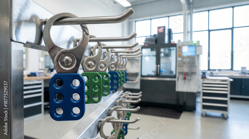 Industrial lockout tagout hasps hanging on metal rack in manufacturing workshop with cnc machine background for energy isolation safety and maintenance compliance.