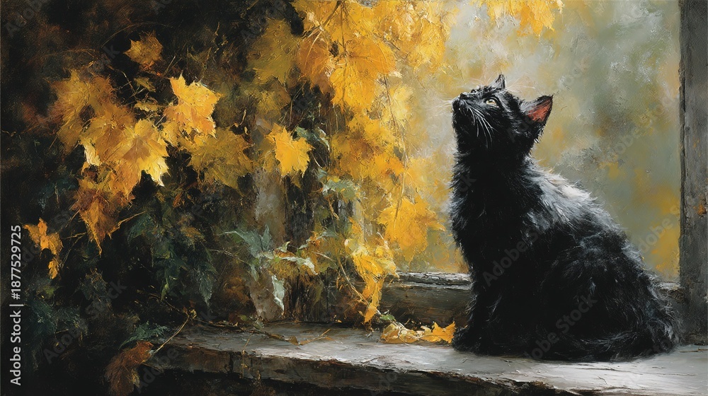 Obraz premium Black Cat Gazing from Window with Golden Vine