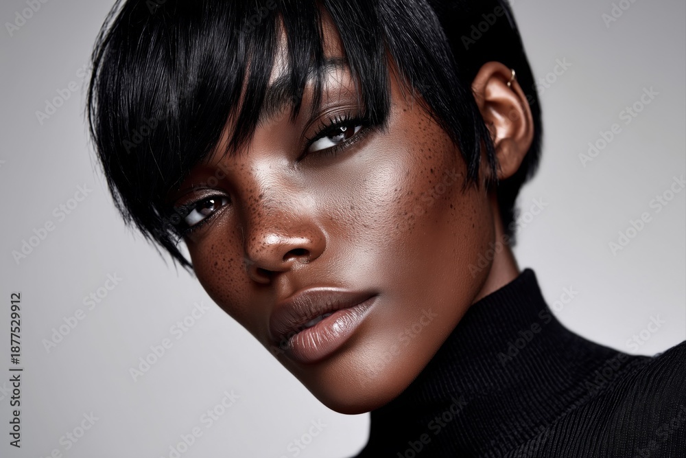 Naklejka premium Contemporary fashion beauty portrait of young Black African female model with deep dark skin and fringe haircut. Clean studio close up with soft confidence and modern elegance