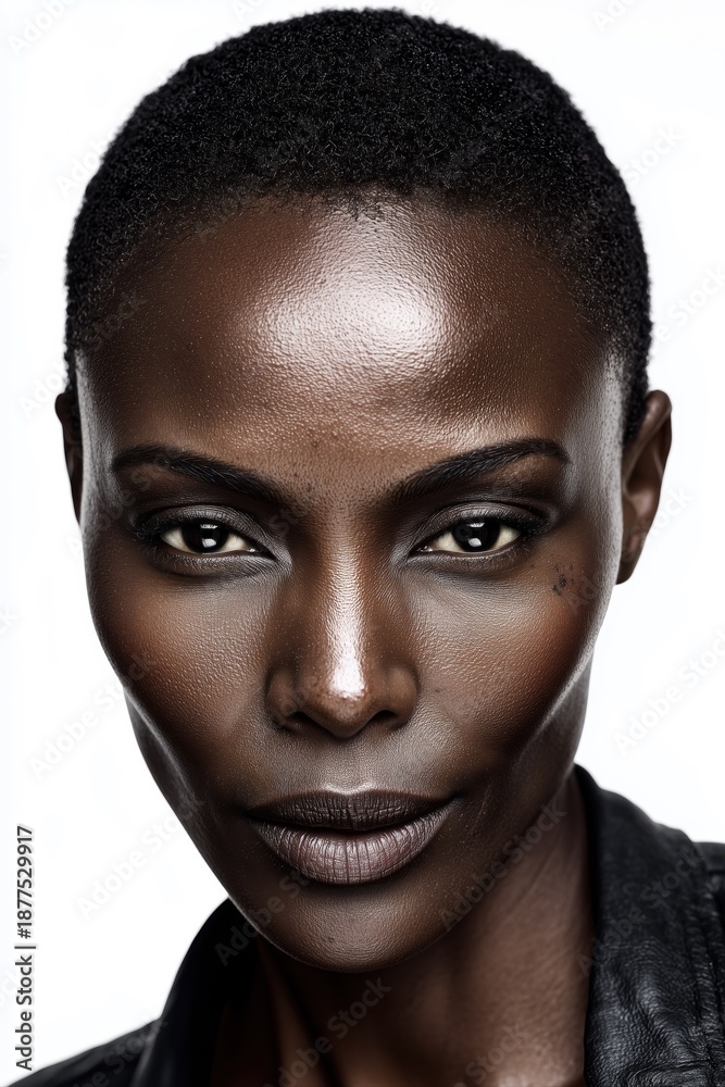 Obraz premium Modern fashion beauty portrait of young Black African female model with deep dark skin and cropped hair. Clean studio close up with intense confident look and minimal elegance