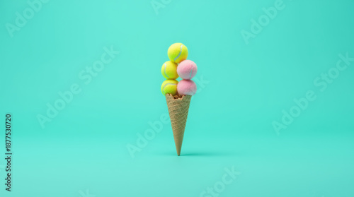 Surreal Tennis Ball Ice Cream Cone On Vibrant Turquoise Background.