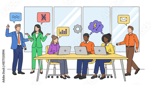 A vector illustration of a diverse team collaborating on a project in a modern office setting