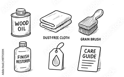 Hand drawn wood maintenance tools: oil, cloth, brush, restorer, tags, care guide