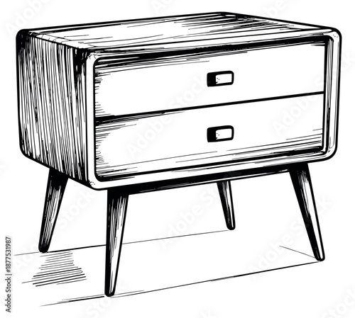 Hand drawn line art illustration of a mid-century modern nightstand depicting two drawers and tapered legs for home interior concepts