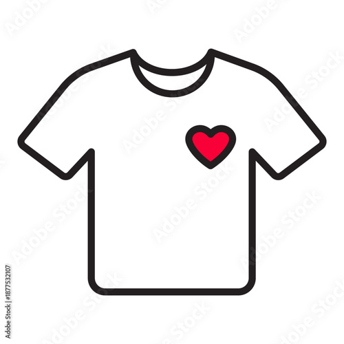 Valentine's Day t-shirt icon with red heart. Modern vector illustration with editable stroke and color fill. Clean line art apparel design. High-quality romantic shirt silhouette.