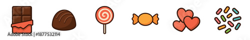 Colorful set of sweet candy icons including a chocolate bar, praline, lollipop, wrapped bonbon, hearts, and sprinkles in a cute cartoon illustration style for confectionery designs