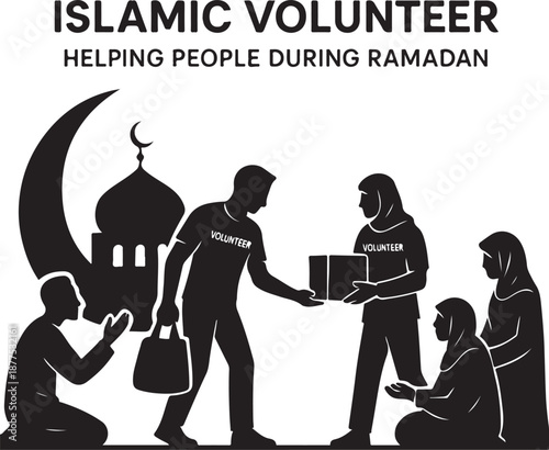 Isolated islamic volunteer banner icon, humanitarian volunteer helping people crescent moon mosque silhouette, islamic volunteer minimal flat vector isolated design, volunteer banner illustration