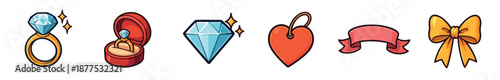 Colorful set of cartoon love icons including a sparkling diamond ring, proposal box, gemstone, heart tag, ribbon banner, and golden bow for romantic celebrations
