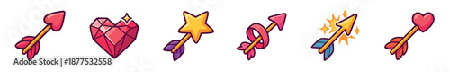 Set of colorful cartoon love icons featuring Cupid's arrows, a sparkling heart gem, and a star, designed in a cute and playful vector illustration style for romantic themes