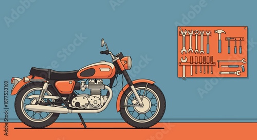A vibrant retro vintage motorcycle takes center stage in a classic garage, featuring an organized tool wall, embodying a deep passion for mechanical hobbies and timeless design