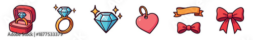 Set of romantic gift and jewelry icons including a diamond ring in a box, a sparkling gemstone, a heart pendant, and decorative ribbons, all in a cute cartoon doodle style