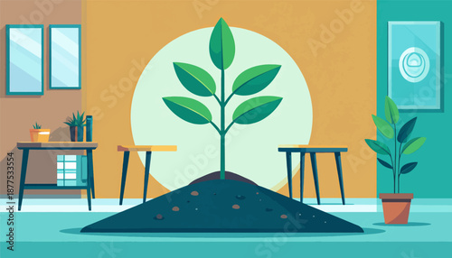 A green plant grows from dark soil in a room with tables, chairs, and wall art