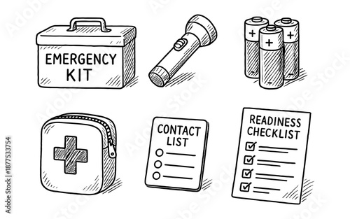 Hand-drawn emergency preparedness kit essentials: flashlight, batteries, checklist