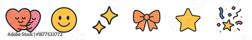 Set of cute colorful cartoon icons featuring hugging hearts, a smiley face, sparkles, a bow, a star, and confetti in a hand-drawn doodle style for positive emotions