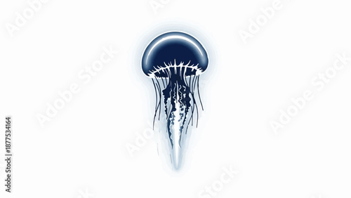 A dark blue jellyfish with flowing tentacles drifts on a white background