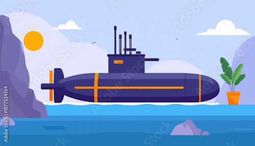 A dark blue submarine with orange stripes sails on the ocean near a rocky shore with a potted plant