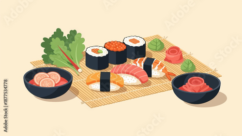 A flat illustration of assorted sushi rolls, nigiri, pickled ginger, wasabi, and greens