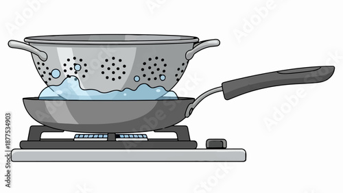 A colander sits above a frying pan filled with boiling water on a stove
