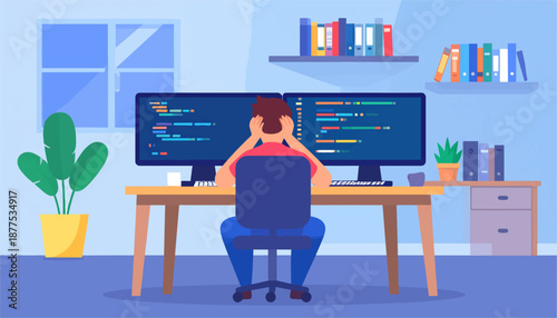 A coder sits at a desk with dual monitors displaying code, looking stressed